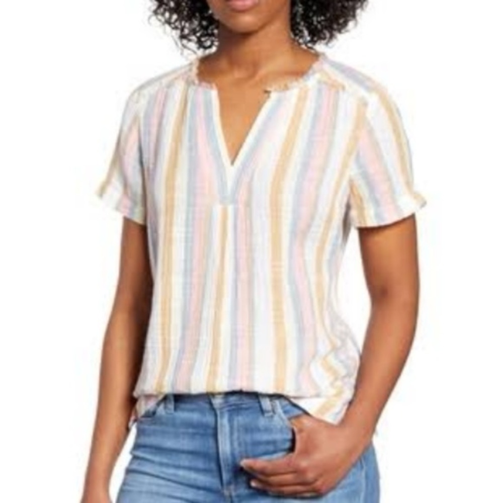 Caslon cotton gauze striped notch neck top pink blue size small‎ petite